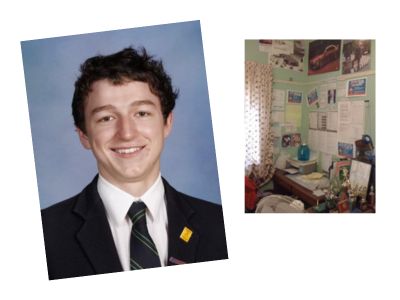 Ray Pastoors school photo with a glimpse in his bedroom filled with entrepreneur and business posters