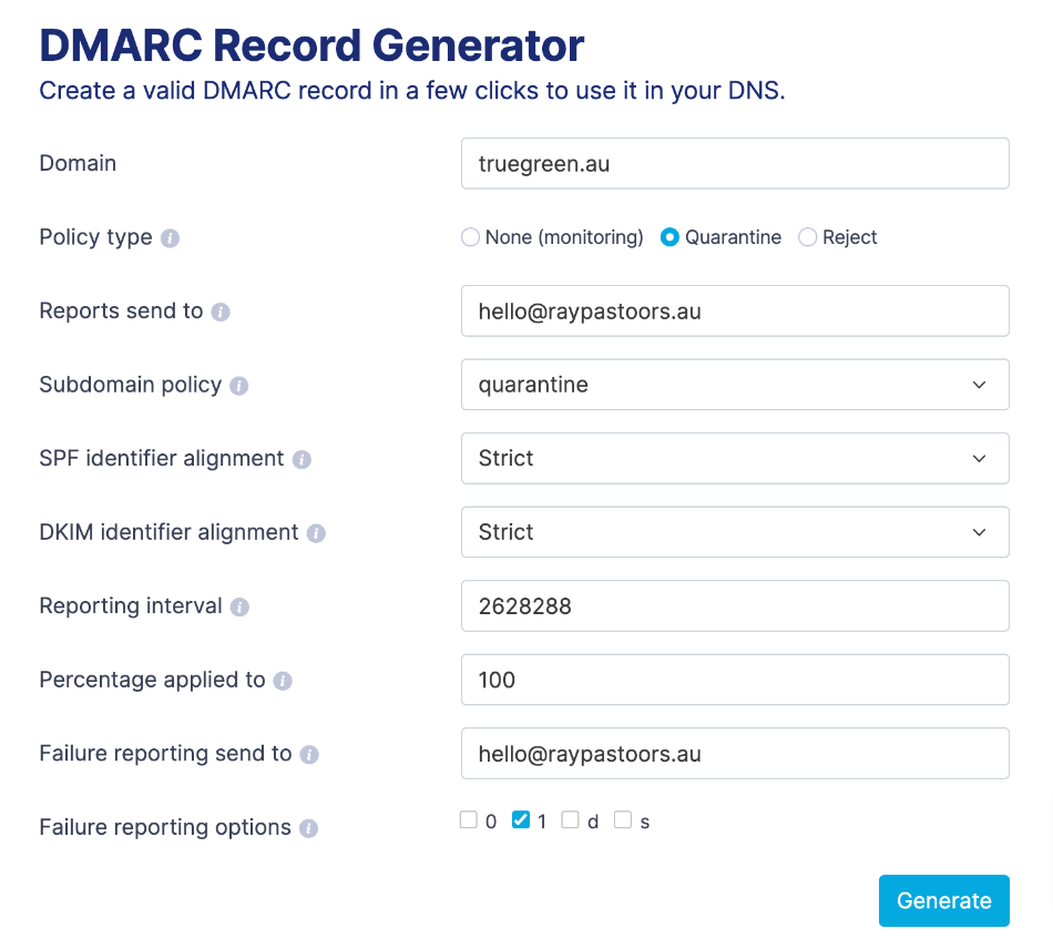 DMARC record generator with settings for DMARC reporting and quarantine setup