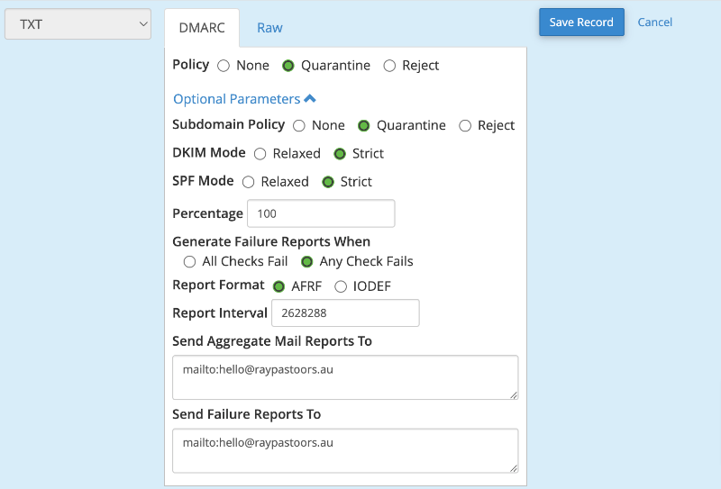 DMARC email report generator tool in zone editor for cPanel hosting environment
