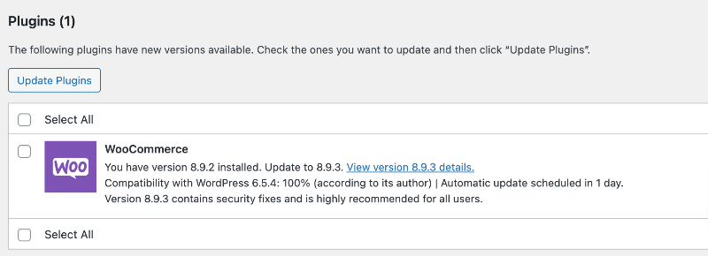 WooCommerce version 8.9.3 update for security vulnerability in WordPress dashboard updates