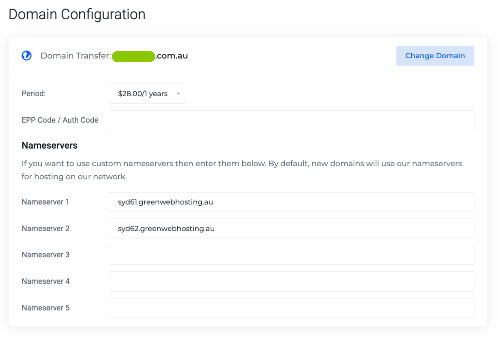 True Green Hosting order form for a domain transfer move